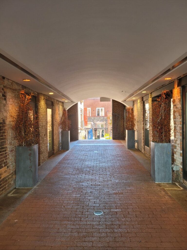 Brick walkway through a quiet archway in Georgetown.